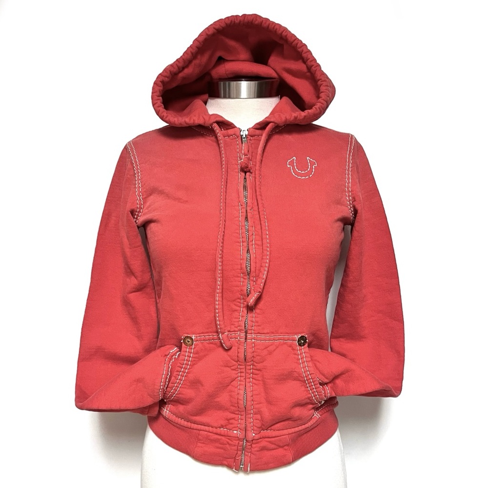True Religion VTG Hoodie Womens Medium Y2K Red Full Zip Fleece Deep Stitch 90s - Picture 1 of 16